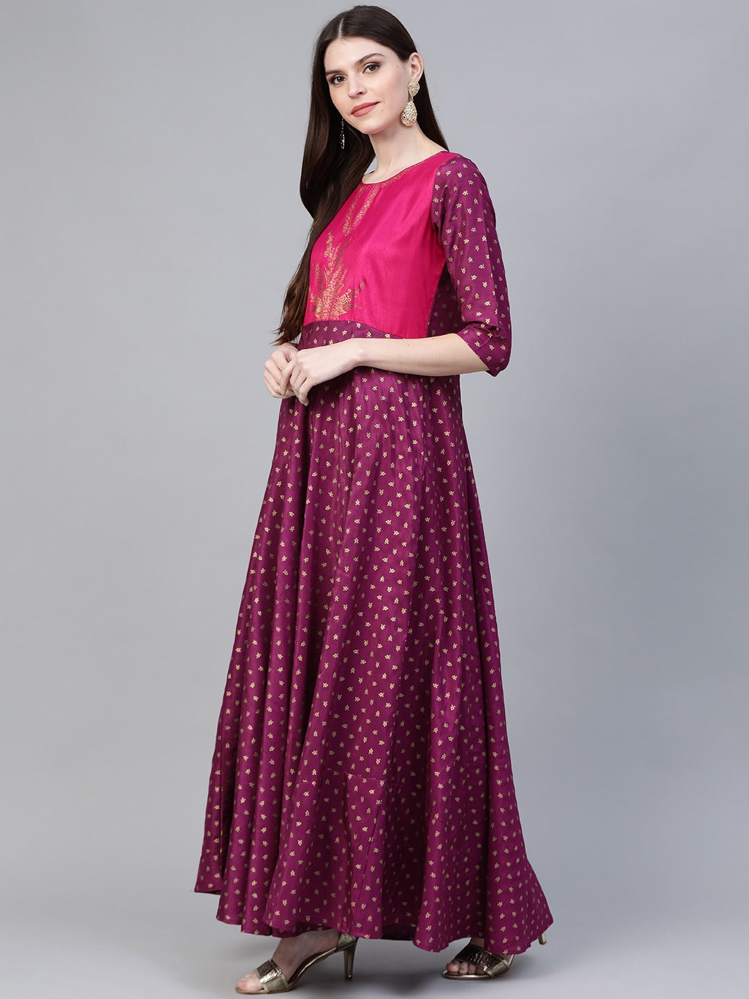 Purple & Golden Screen Printed Maxi Dress