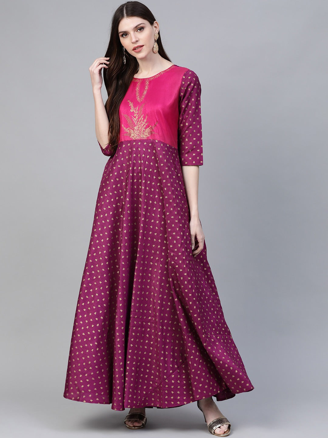 Purple & Golden Screen Printed Maxi Dress