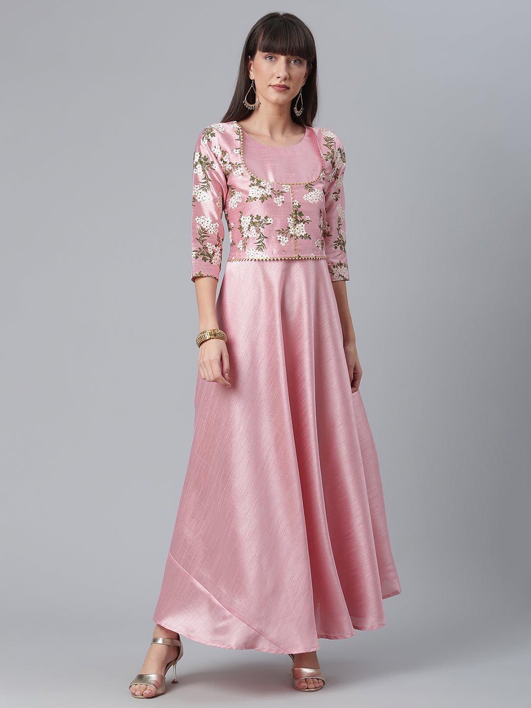 Pink Art Silk Solid Dress with Attached Floral Print Jacket