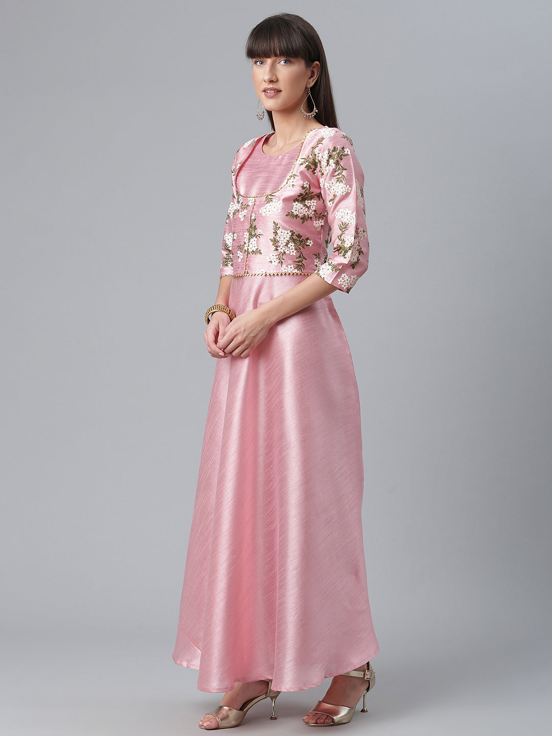 Pink Art Silk Solid Dress with Attached Floral Print Jacket