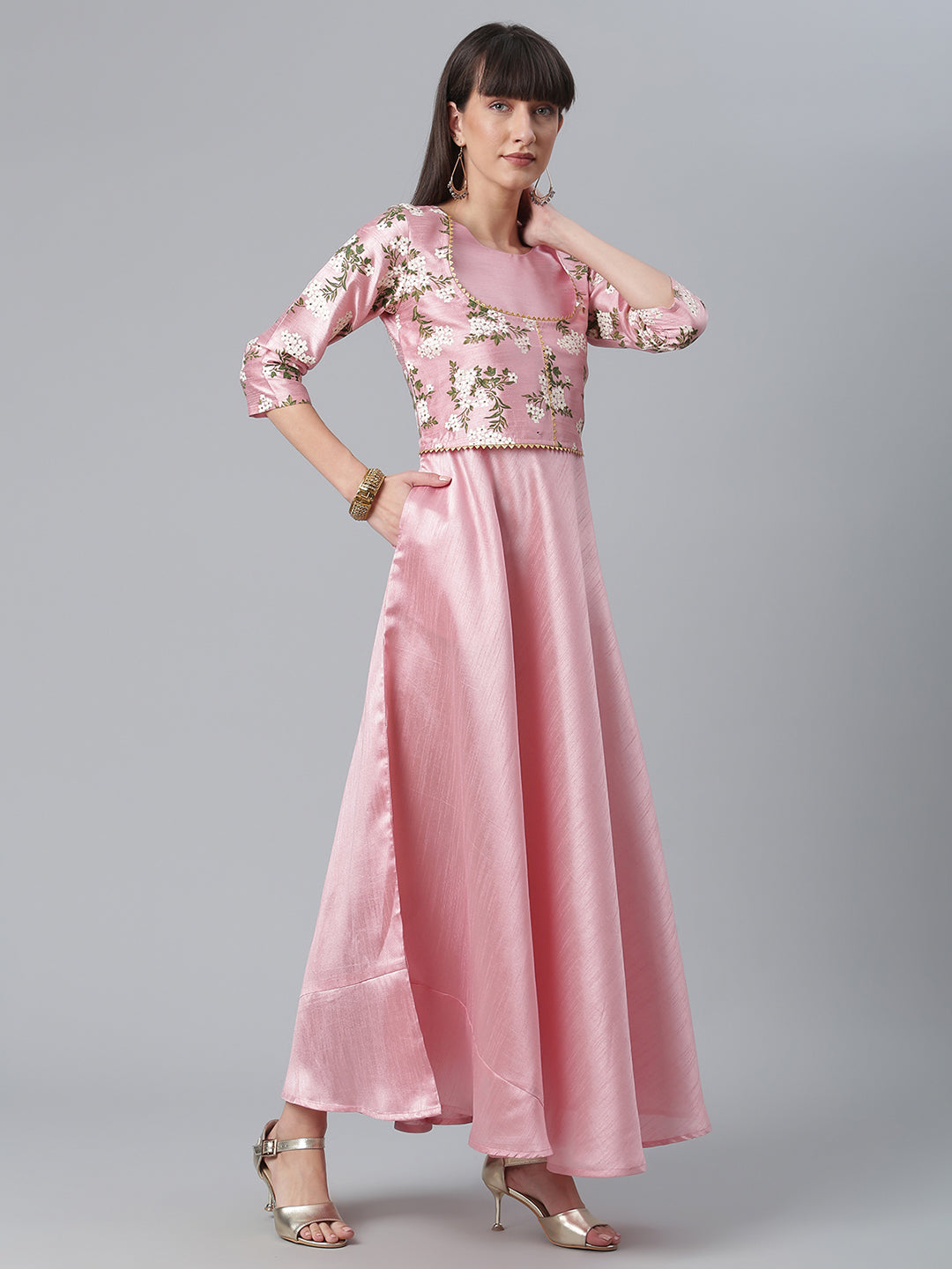 Pink Art Silk Solid Dress with Attached Floral Print Jacket