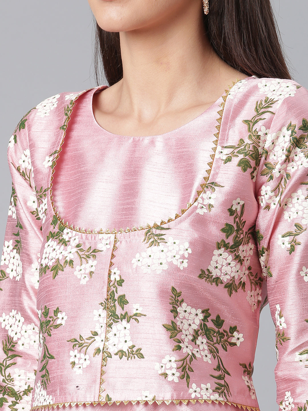 Pink Art Silk Solid Dress with Attached Floral Print Jacket