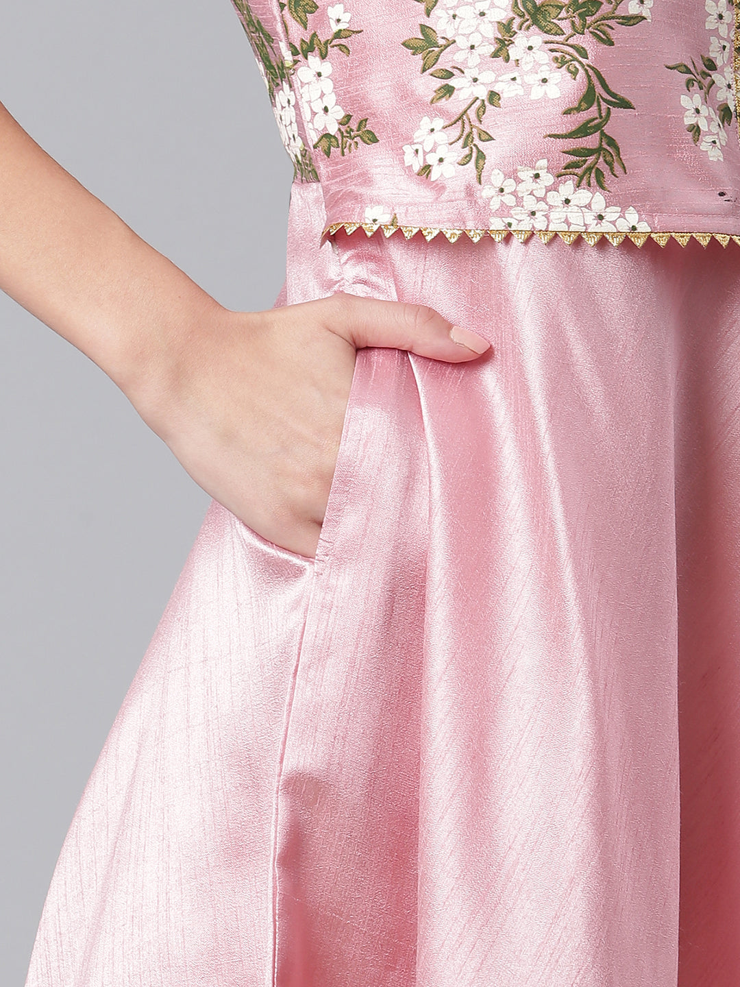 Pink Art Silk Solid Dress with Attached Floral Print Jacket