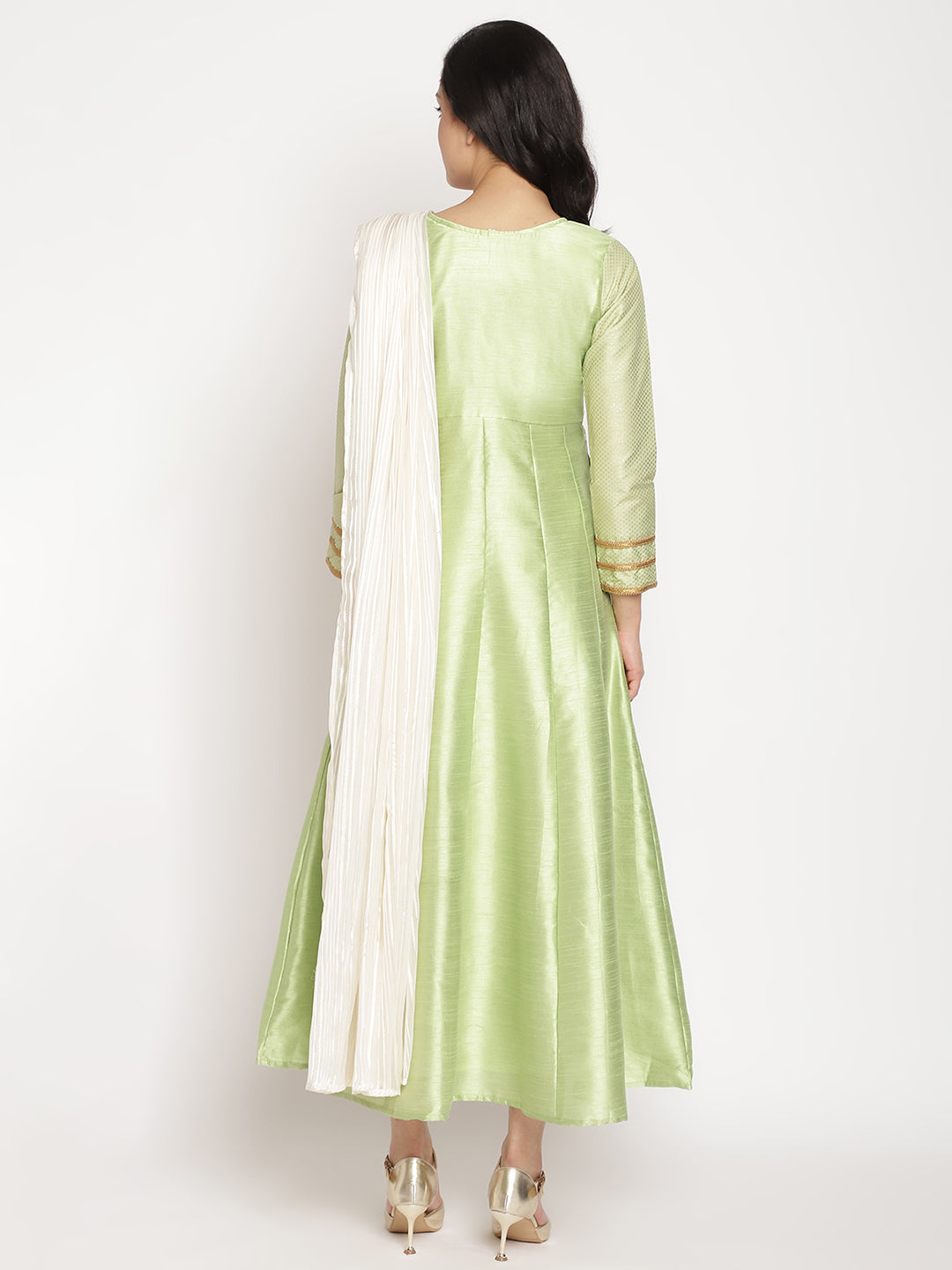 Green Poly Silk Kurta With Attached Dupatta