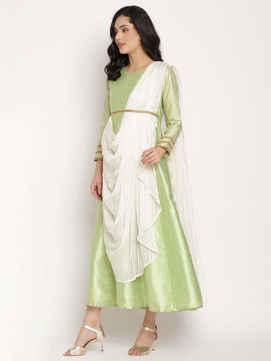 Green Poly Silk Kurta With Attached Dupatta