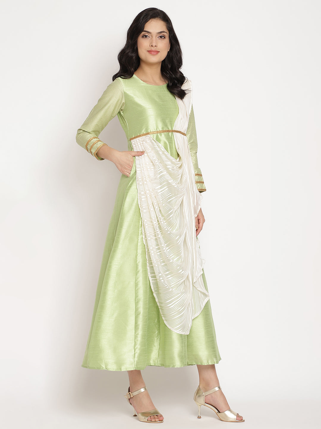 Green Poly Silk Kurta With Attached Dupatta