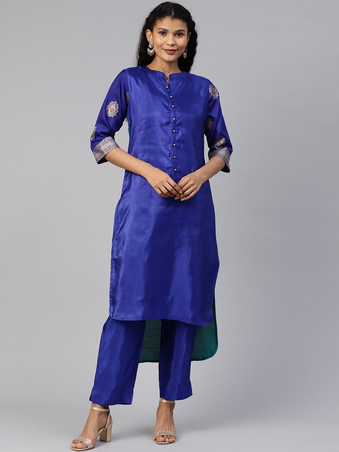 Blue & Green Solid High Low Kurta with Trousers