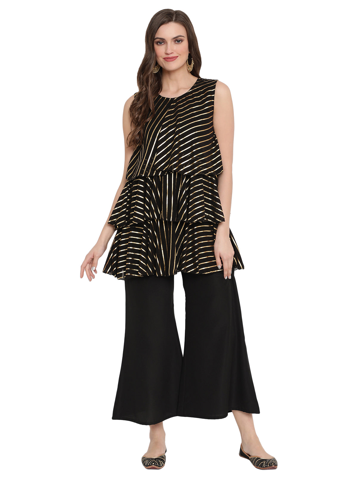 Black Stripe Foil Printed Top With Plazzo