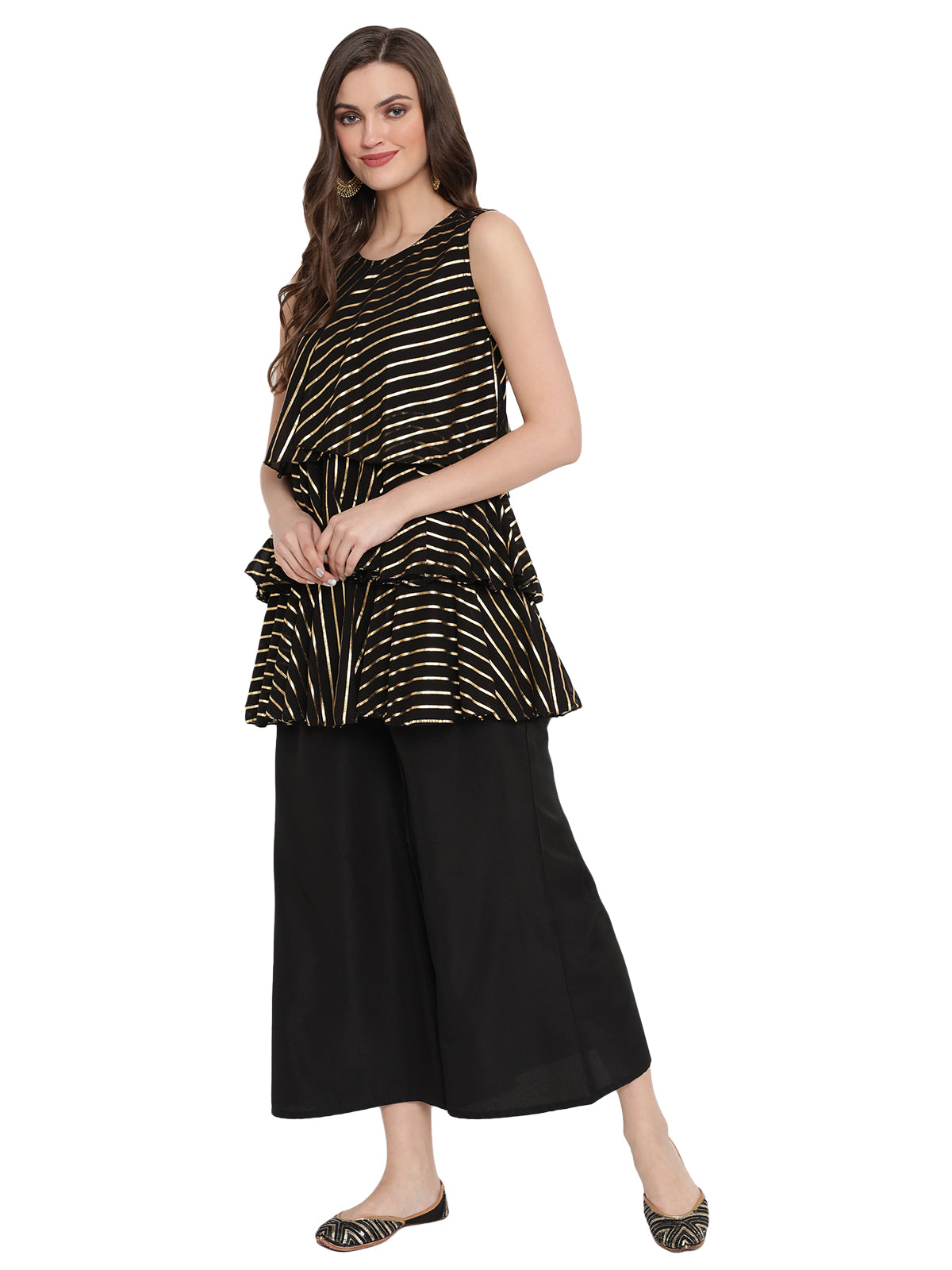 Black Stripe Foil Printed Top With Plazzo