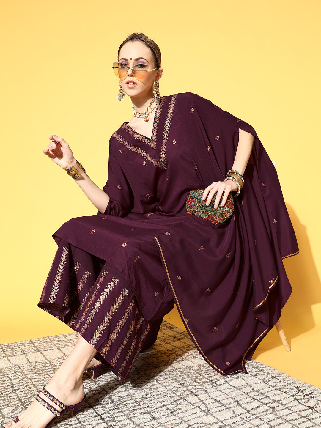 Burgundy & Gold Printed Kaftan Kurta Set