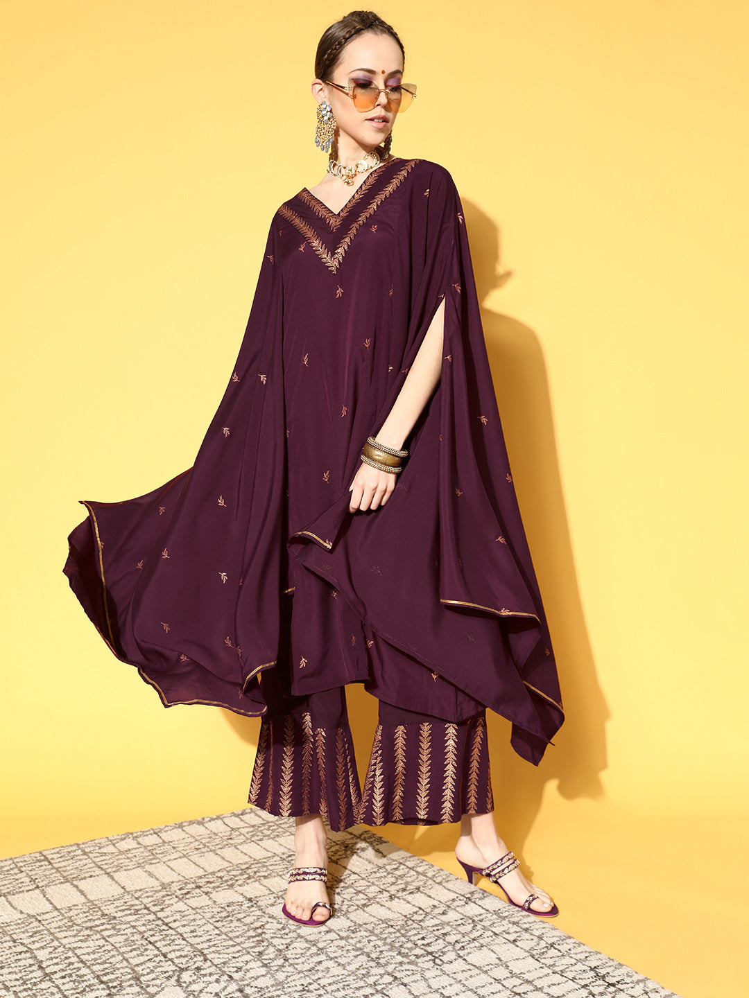 Burgundy & Gold Printed Kaftan Kurta Set