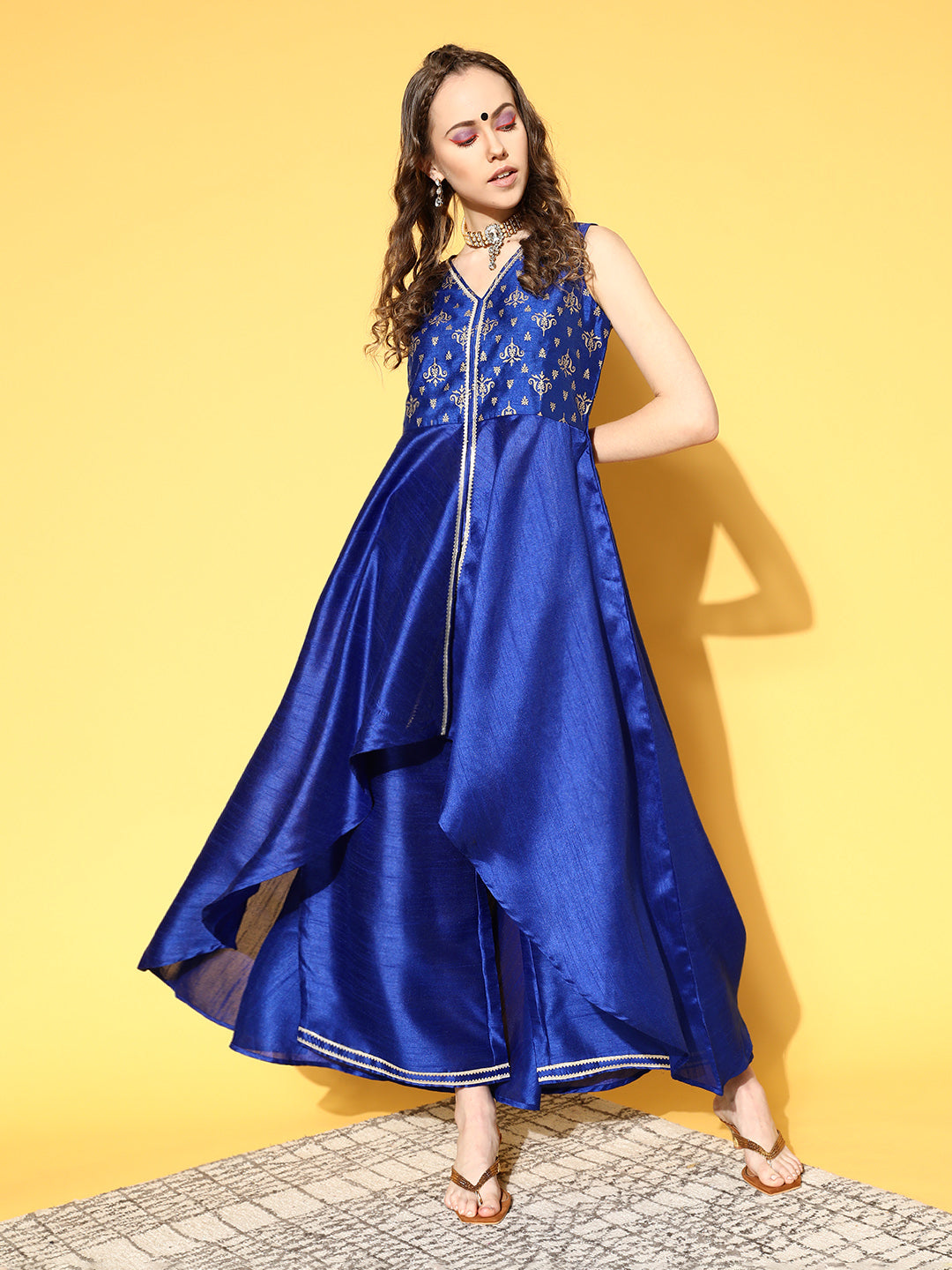 Blue & Golden Printed Empire Gotta Patti Kurta with Palazzos