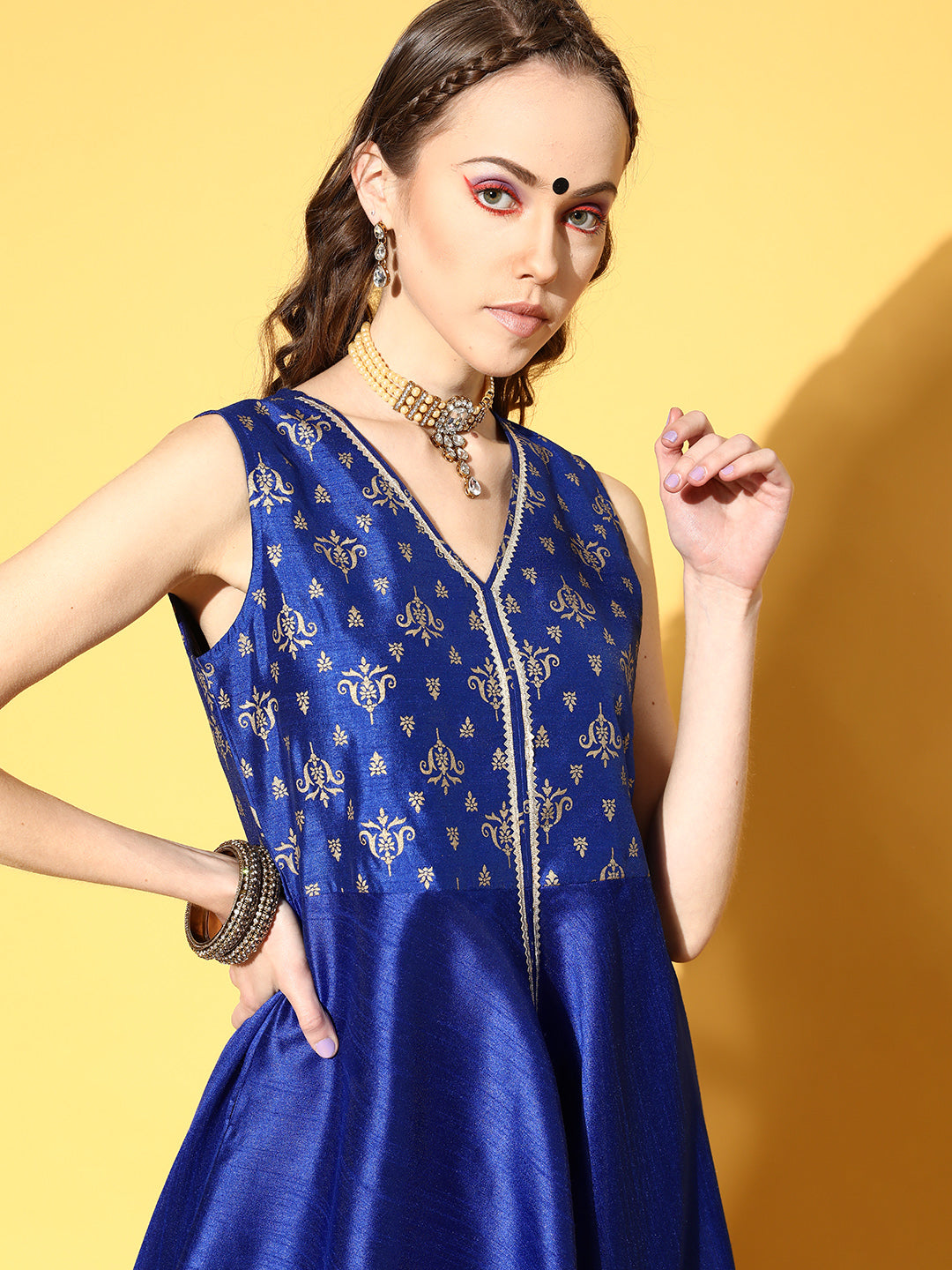 Blue & Golden Printed Empire Gotta Patti Kurta with Palazzos