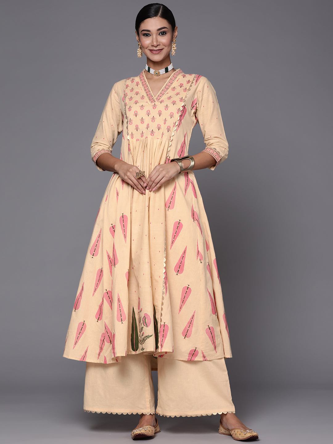 Cream & Pink Floral Print Pure Cotton Anarkali Kurta with Palazzos