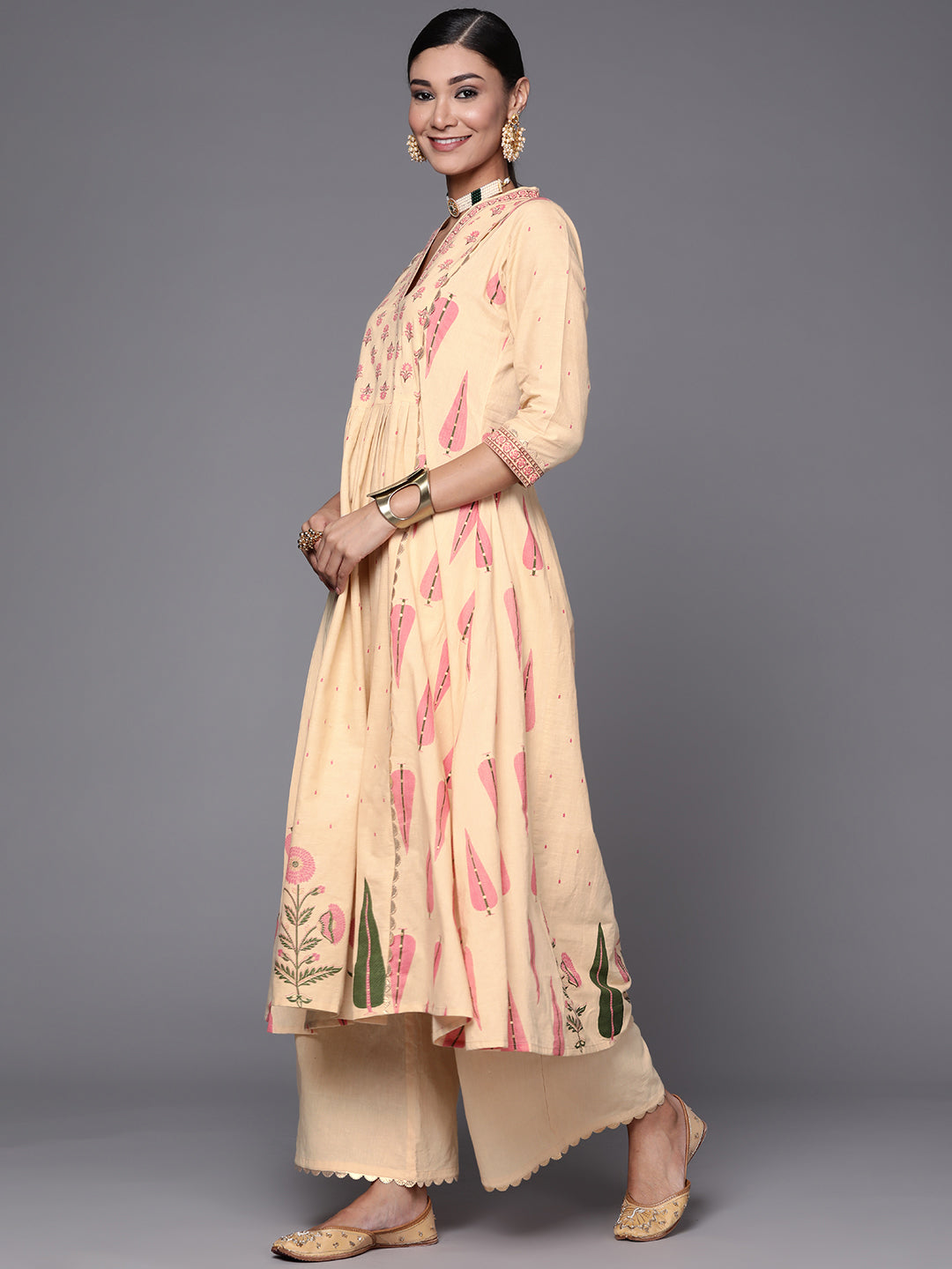 Cream & Pink Floral Print Pure Cotton Anarkali Kurta with Palazzos