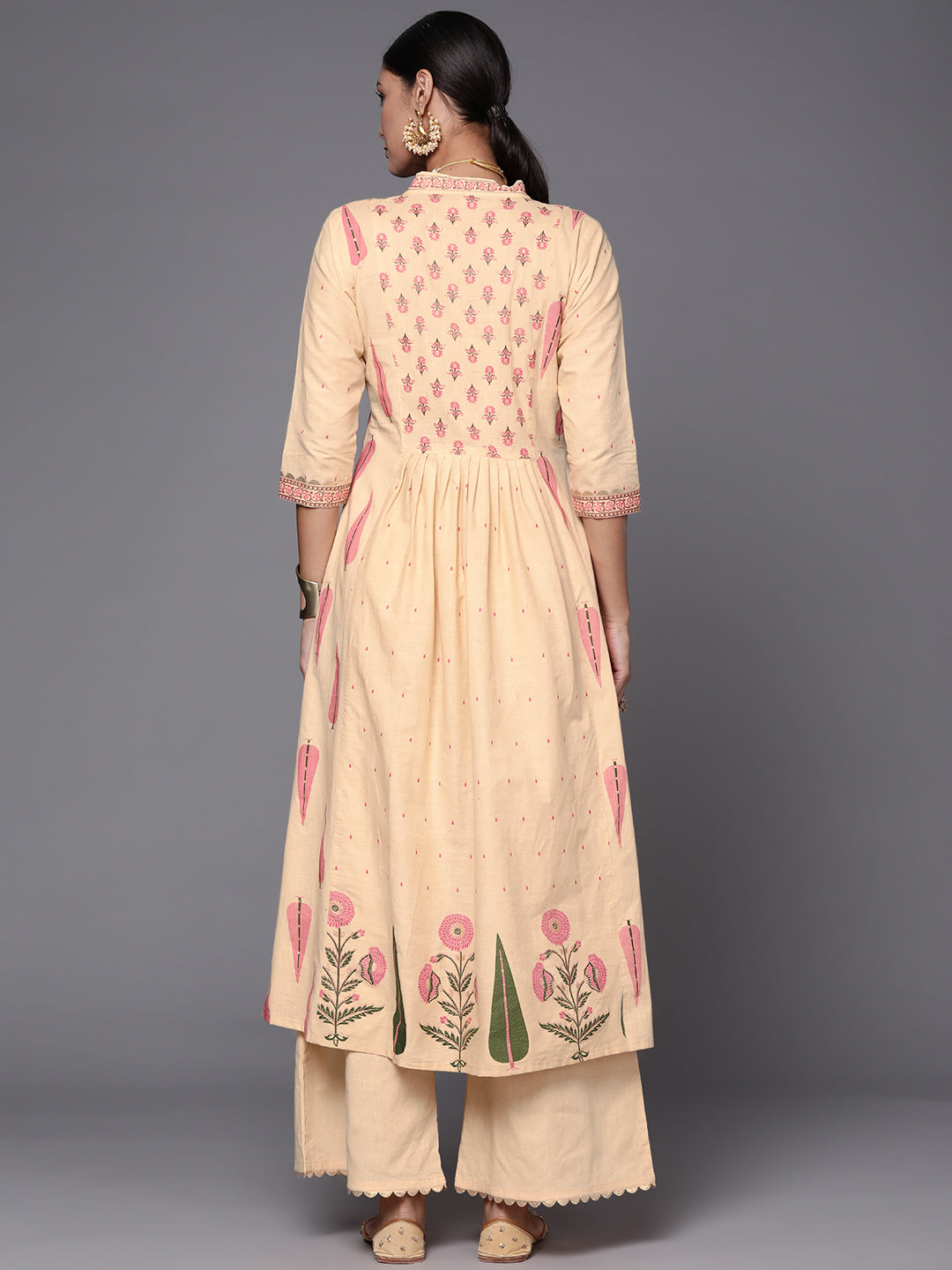 Cream & Pink Floral Print Pure Cotton Anarkali Kurta with Palazzos