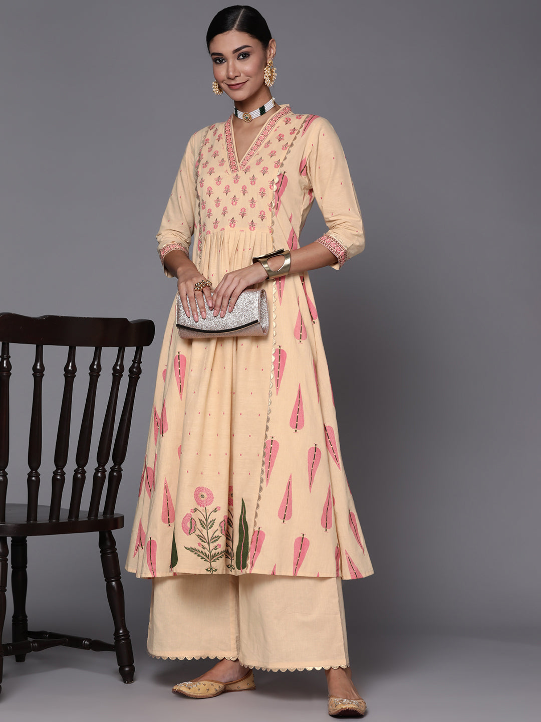 Cream & Pink Floral Print Pure Cotton Anarkali Kurta with Palazzos