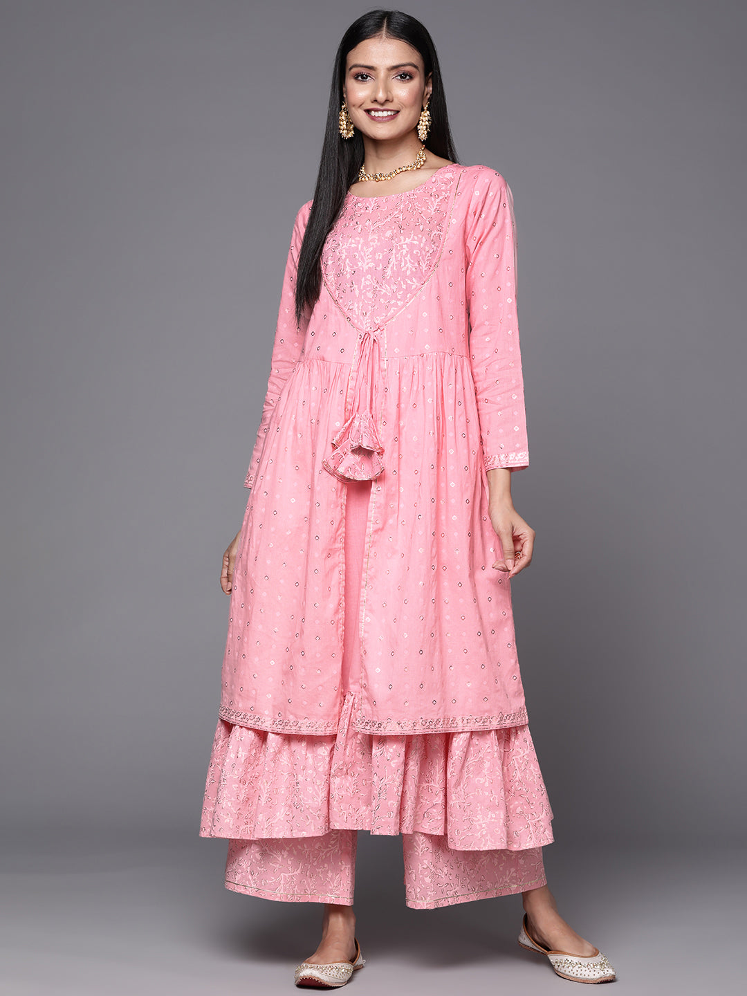 Pink & Gold Ethnic Printed Layered Front Slit Pure Cotton Anarkali Kurta Palazzos