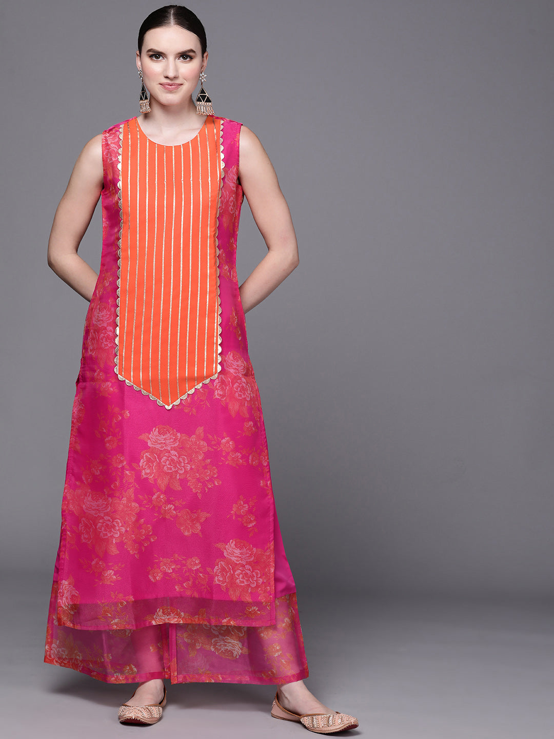 Pink Floral Printed Gotta Patti Kurta with Palazzos