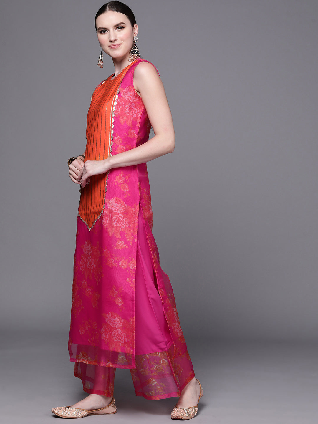 Pink Floral Printed Gotta Patti Kurta with Palazzos