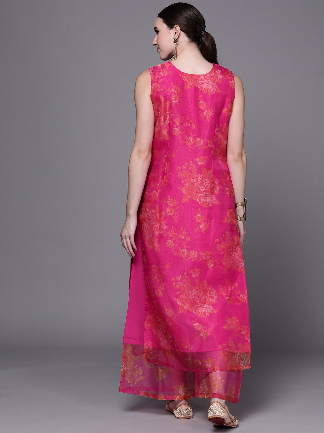 Pink Floral Printed Gotta Patti Kurta with Palazzos