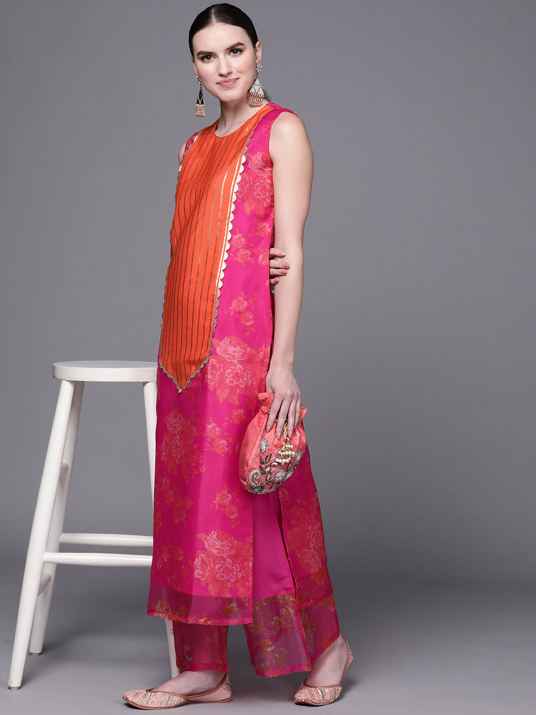 Pink Floral Printed Gotta Patti Kurta with Palazzos