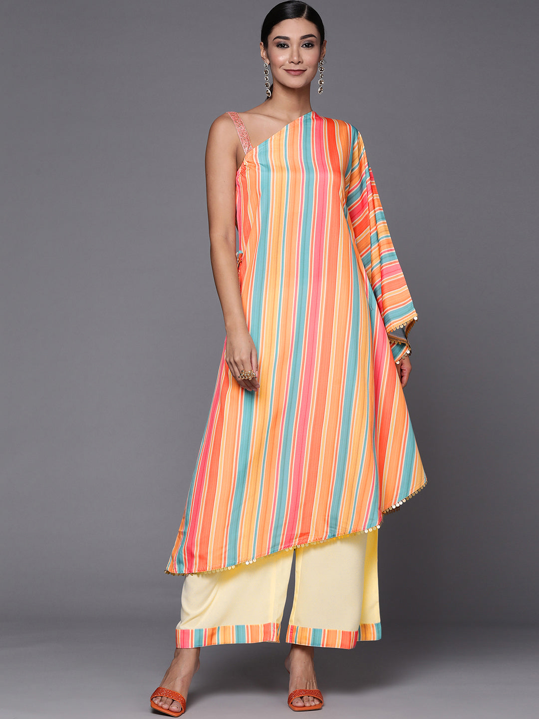 Multicolour Printed Striped Asymmetric Taselled Kaftan Kurta Palazzos