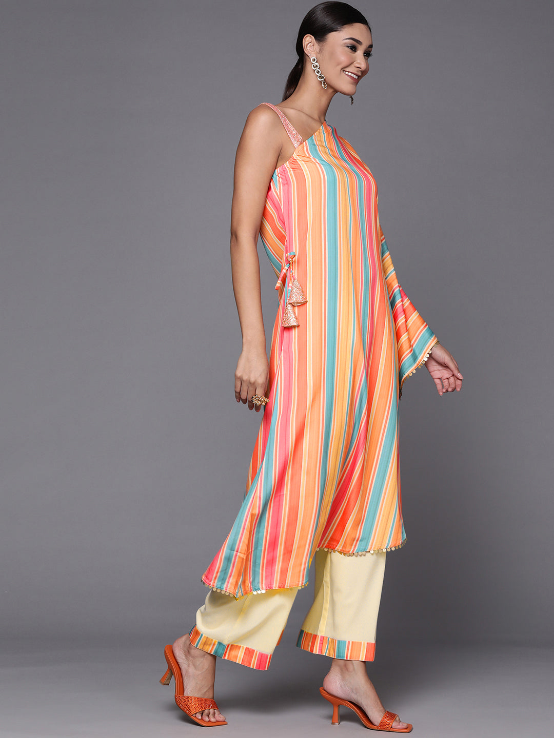 Multicolour Printed Striped Asymmetric Taselled Kaftan Kurta Palazzos