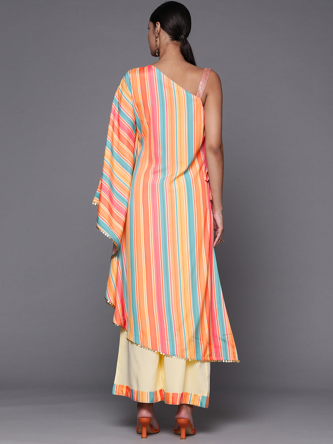 Multicolour Printed Striped Asymmetric Taselled Kaftan Kurta Palazzos