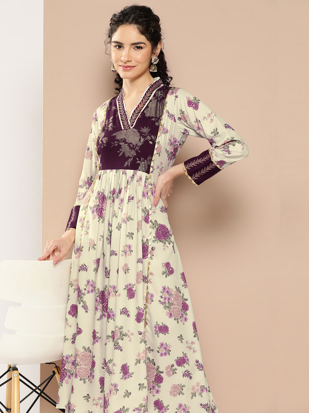 Beige Floral Printed Pleated Gotta Patti Kurta with Palazzos