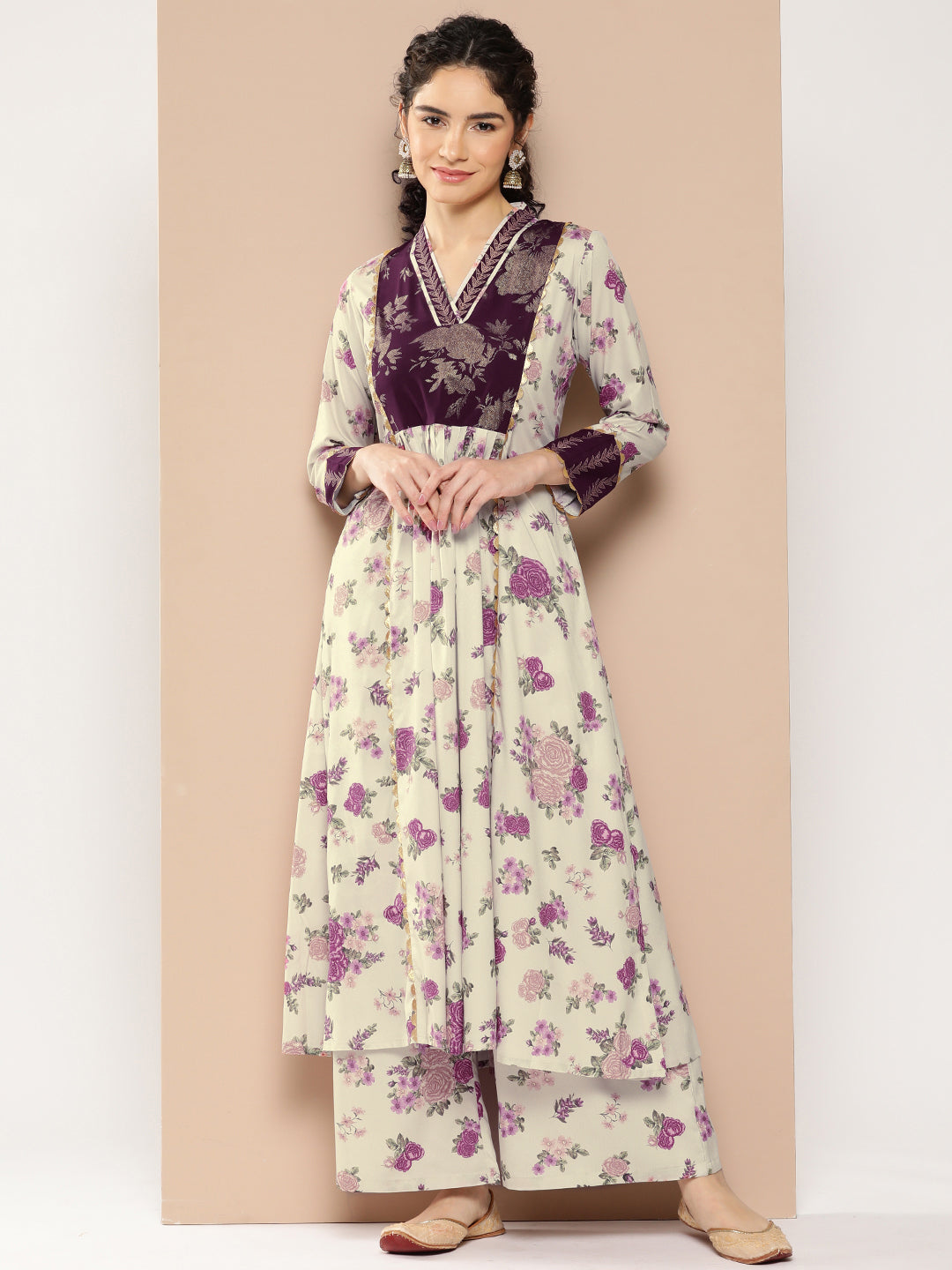 Beige Floral Printed Pleated Gotta Patti Kurta with Palazzos