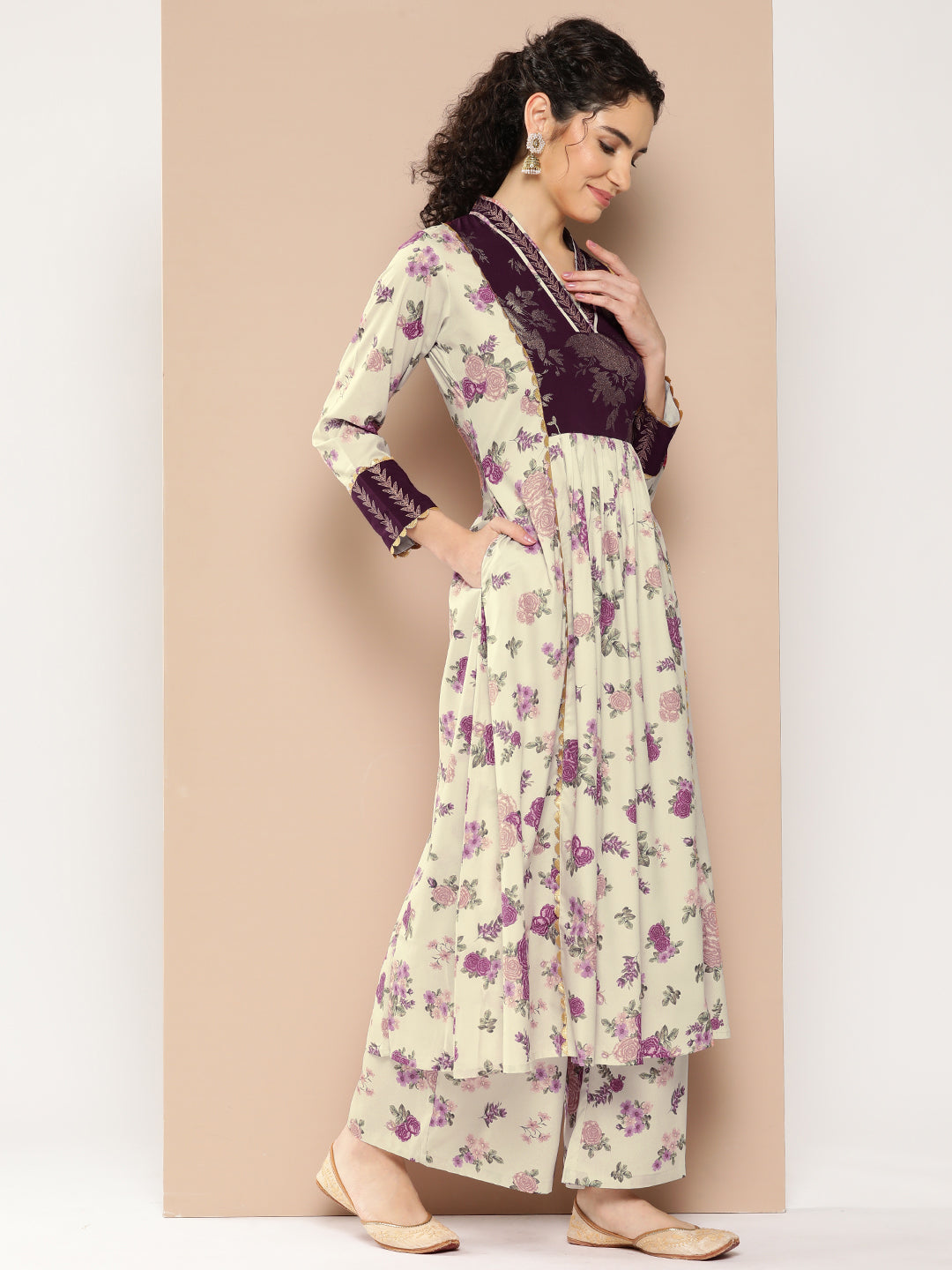 Beige Floral Printed Pleated Gotta Patti Kurta with Palazzos