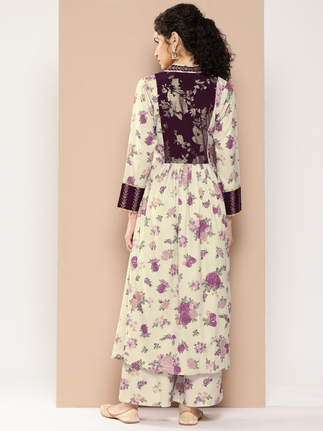 Beige Floral Printed Pleated Gotta Patti Kurta with Palazzos