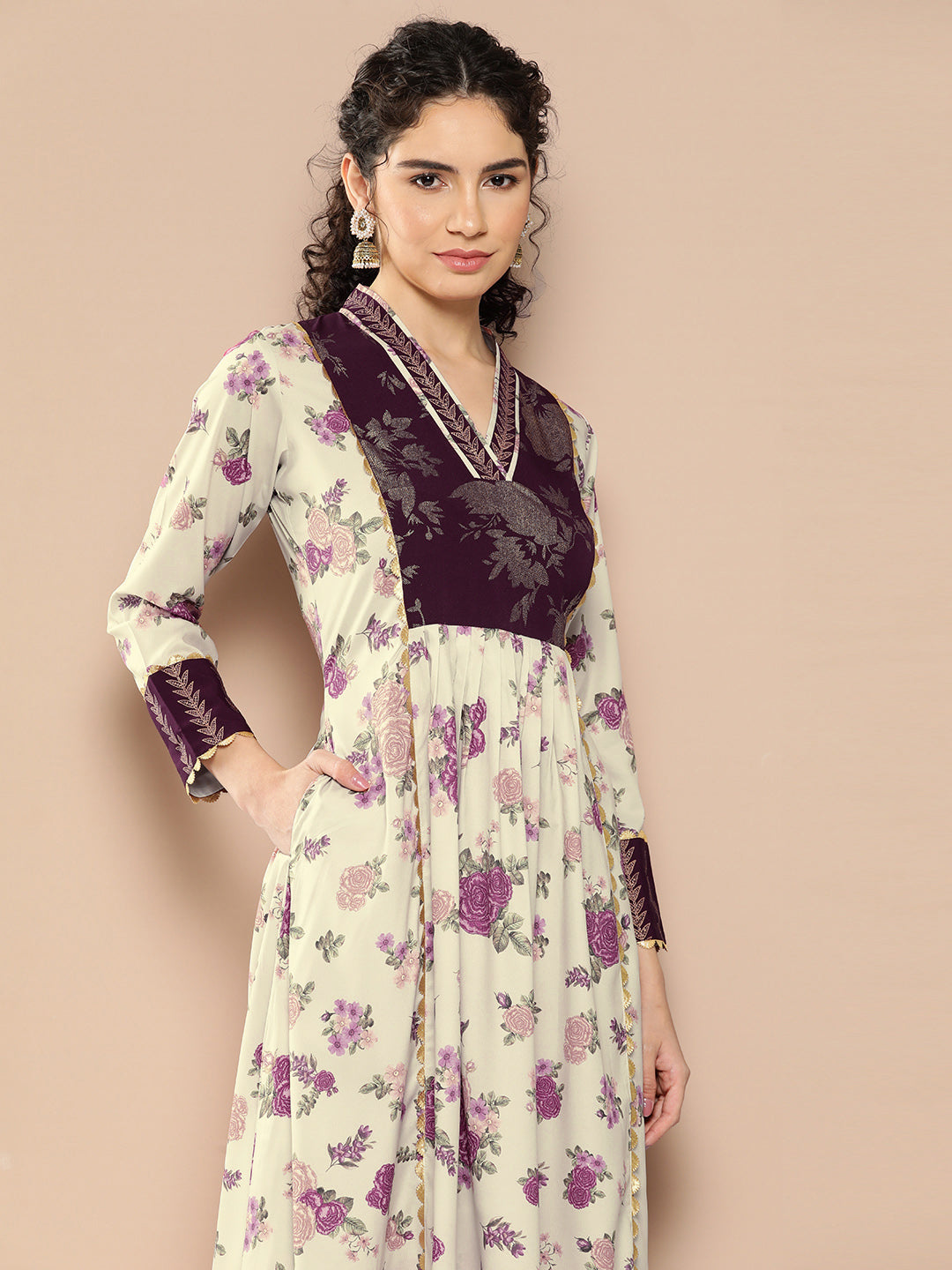 Beige Floral Printed Pleated Gotta Patti Kurta with Palazzos