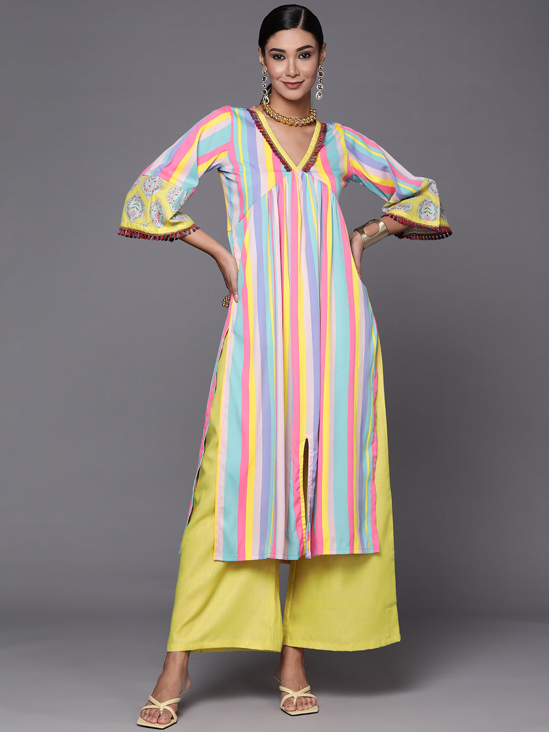 Neon Green & Blue Candy Striped Kurta with Palazzos