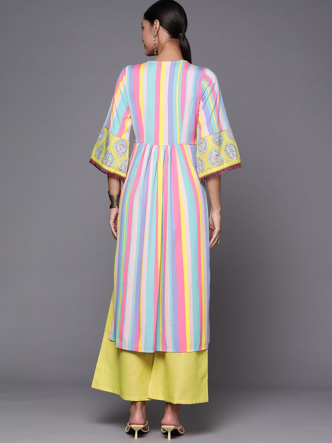 Neon Green & Blue Candy Striped Kurta with Palazzos