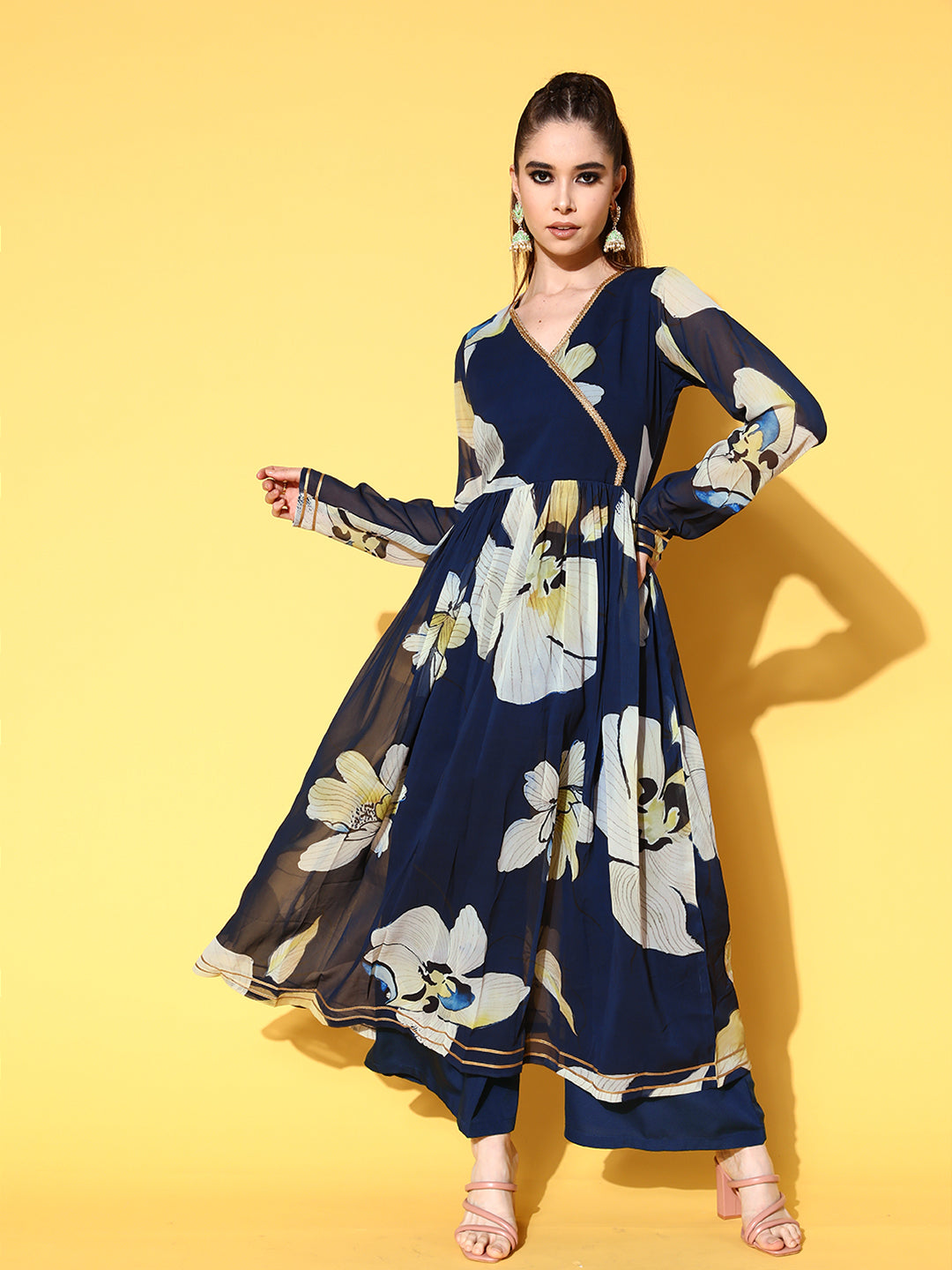 Navy Blue Floral Printed Angrakha Kurta with Palazzos