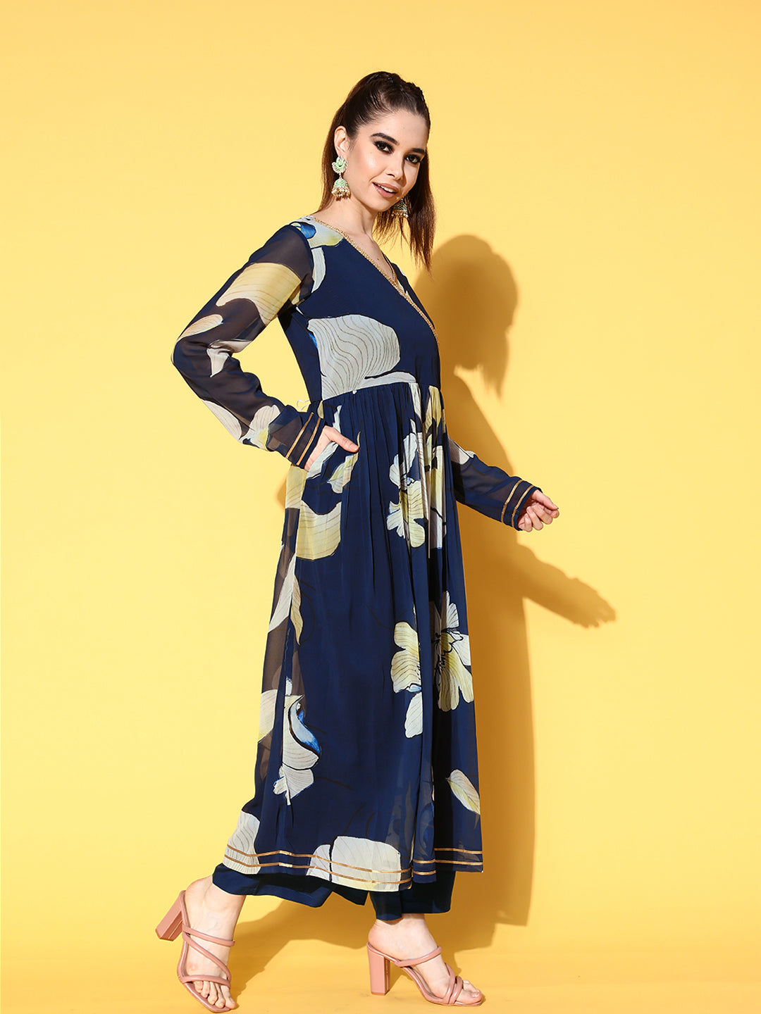 Navy Blue Floral Printed Angrakha Kurta with Palazzos