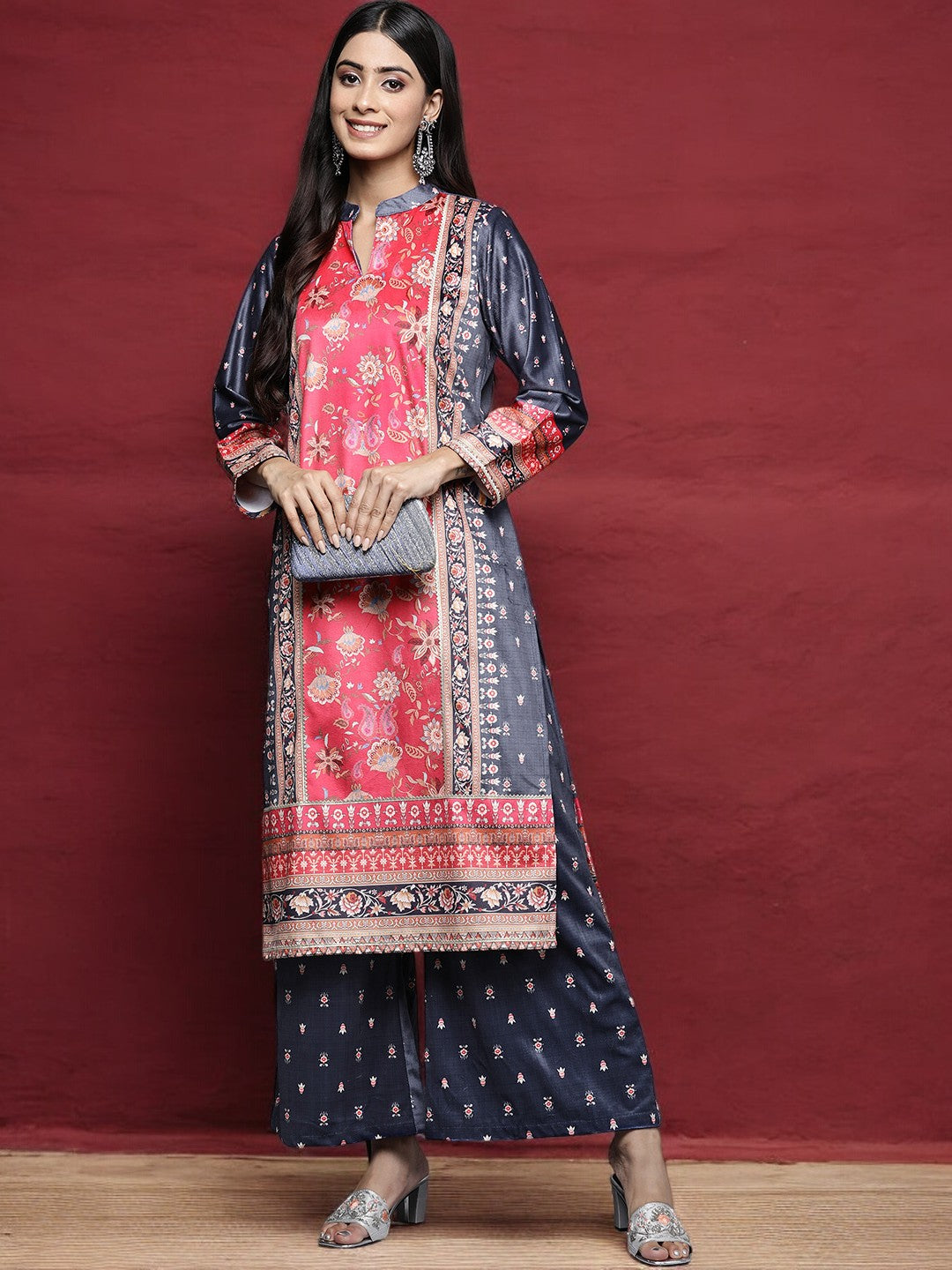 Navy Blue Printed Gotta Patti Velvet Kurta with Palazzos