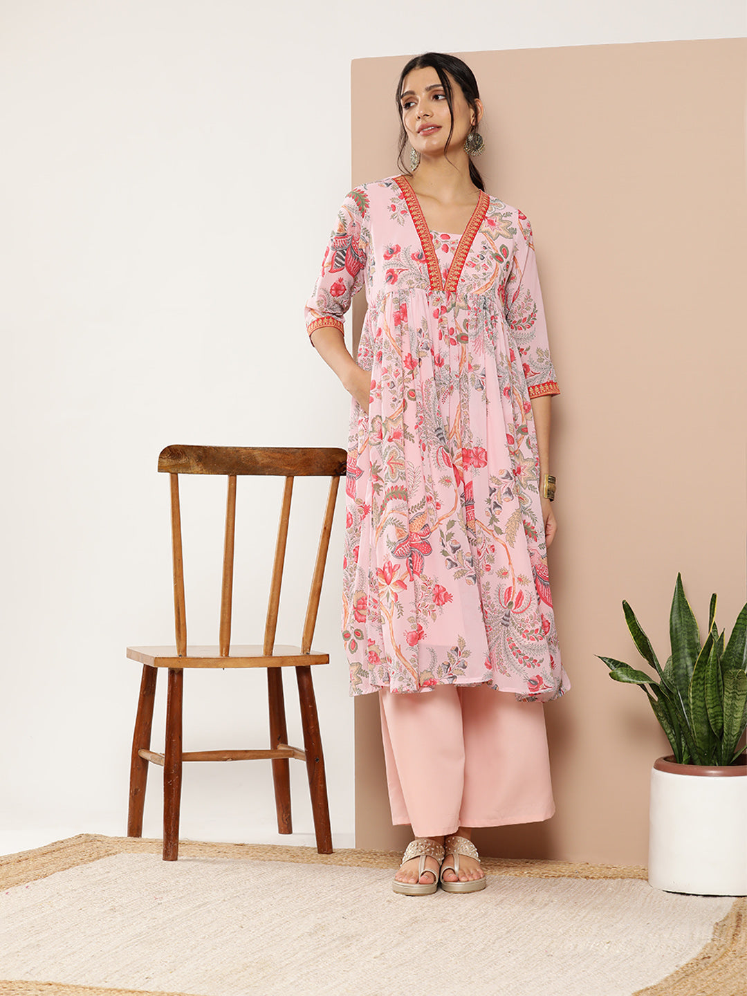 Pink Floral Printed Pleated Kurta With Palazzos