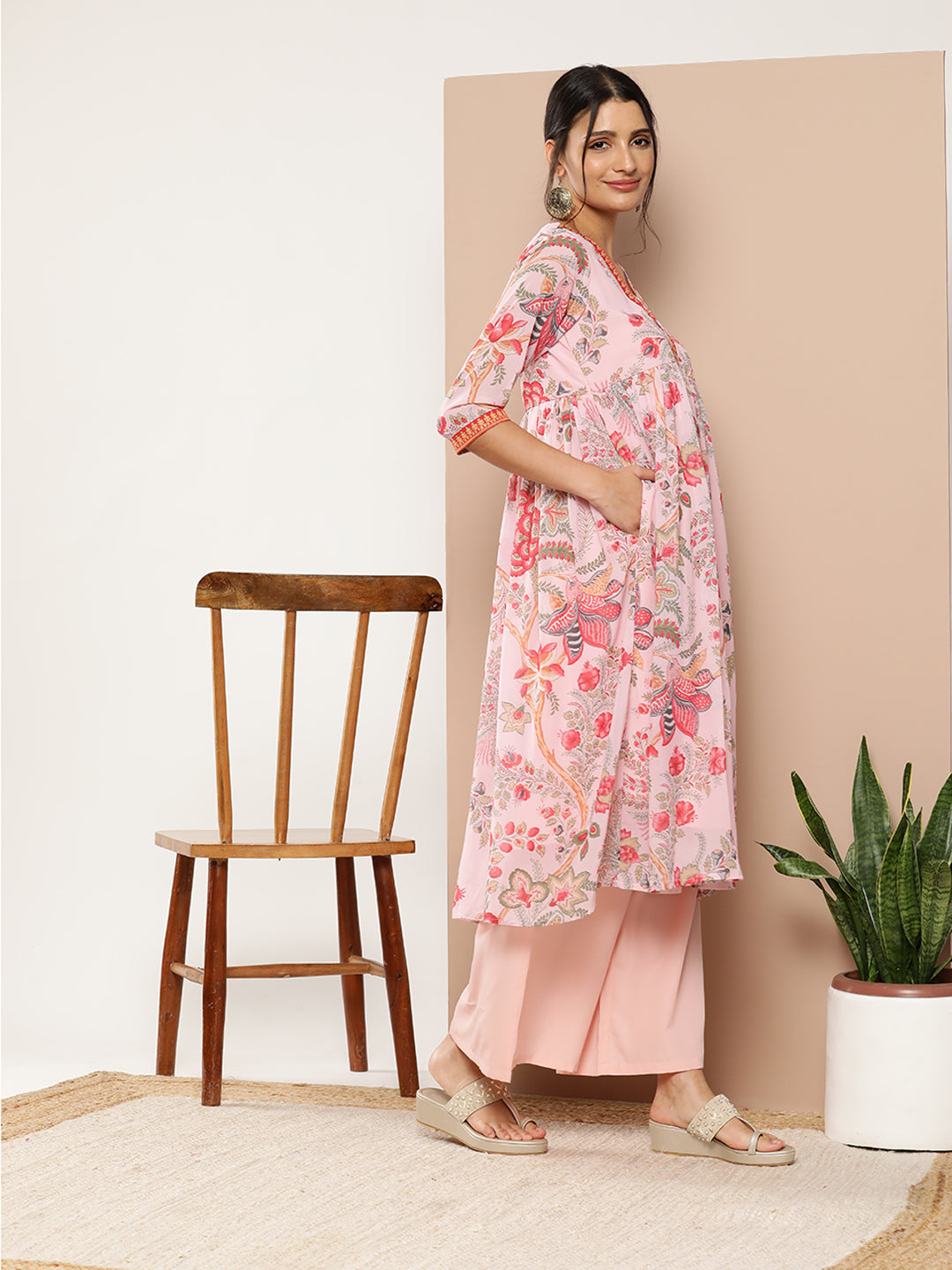 Pink Floral Printed Pleated Kurta With Palazzos