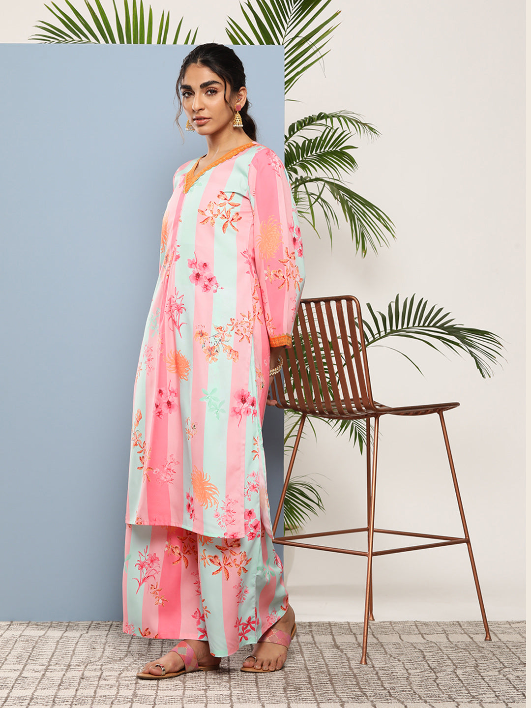 Pink Floral Printed Pleated Gotta Patti Kurta with Palazzos