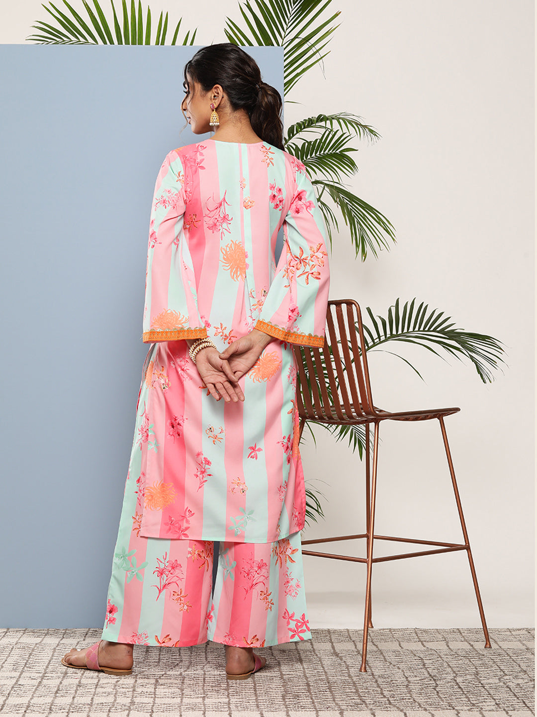 Pink Floral Printed Pleated Gotta Patti Kurta with Palazzos