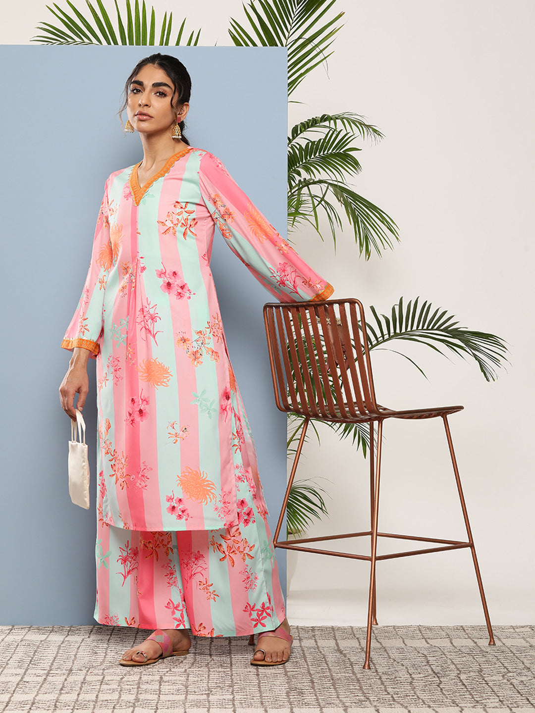 Pink Floral Printed Pleated Gotta Patti Kurta with Palazzos