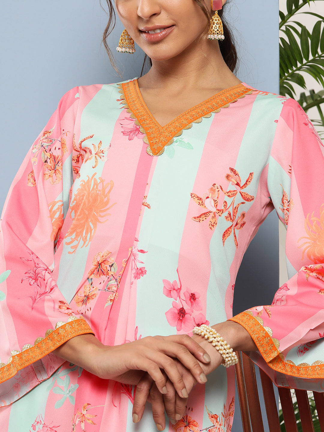 Pink Floral Printed Pleated Gotta Patti Kurta with Palazzos