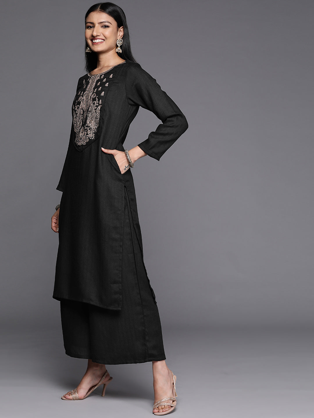 Black Embroidered Aari Work Pashmina Kurta With Palazzos