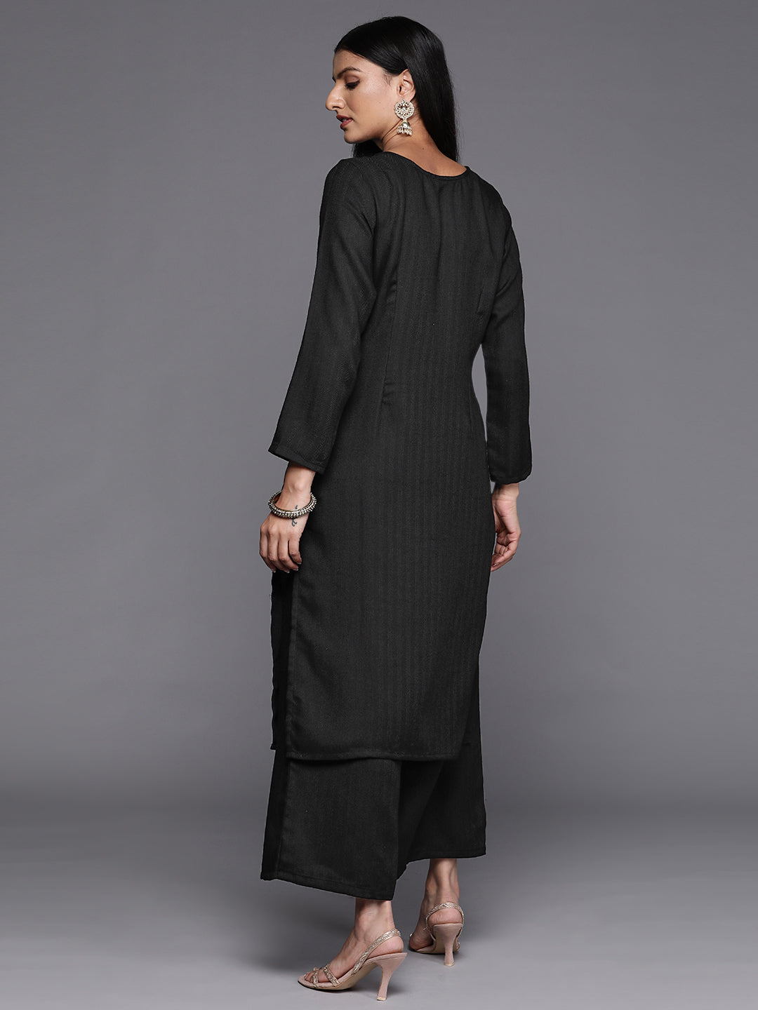 Black Embroidered Aari Work Pashmina Kurta With Palazzos