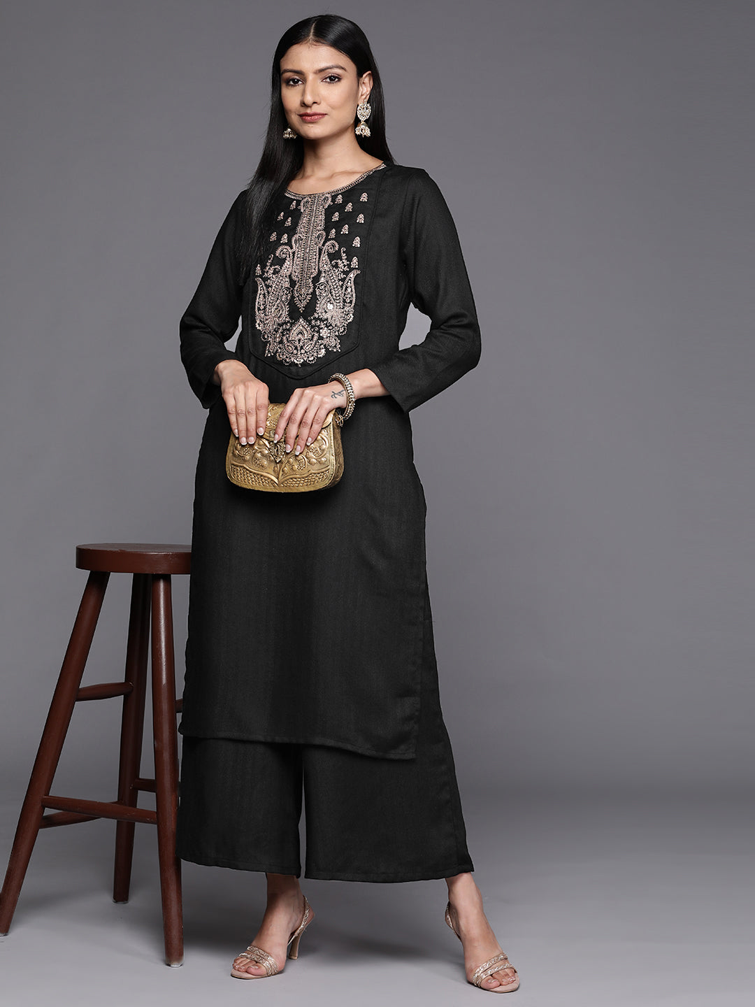 Black Embroidered Aari Work Pashmina Kurta With Palazzos