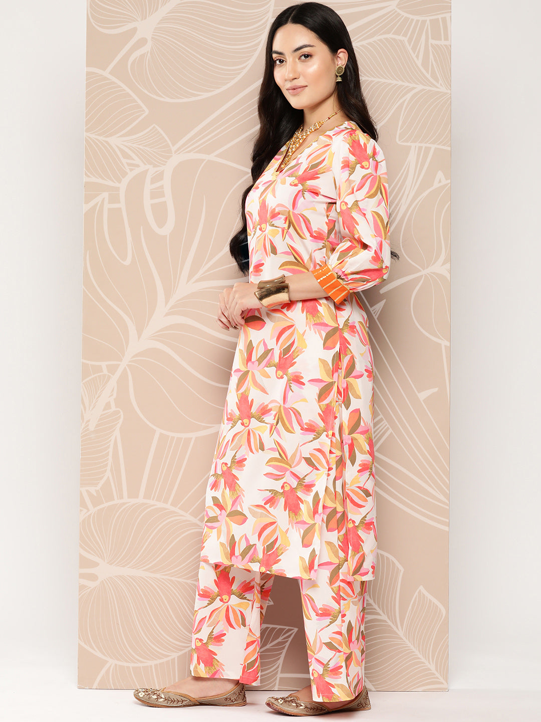 Off White Floral Printed Gotta Patti Kurta with Palazzos