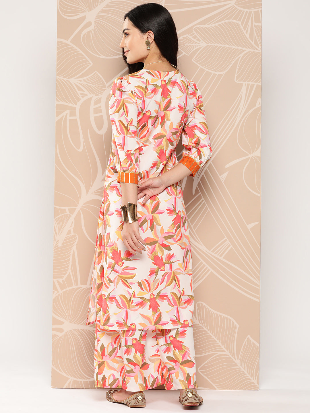 Off White Floral Printed Gotta Patti Kurta with Palazzos